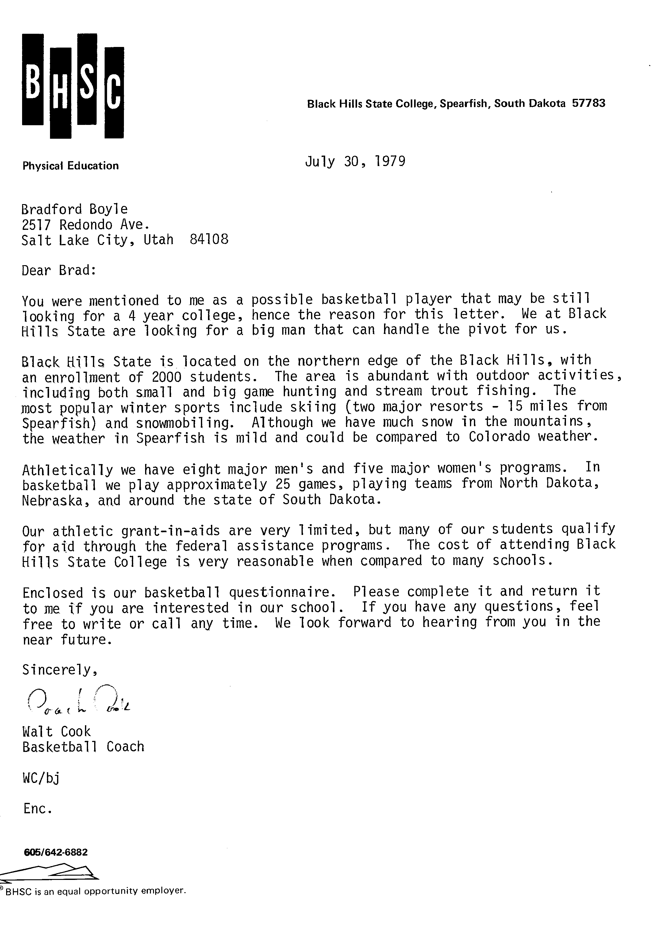Black Hills State College Letter