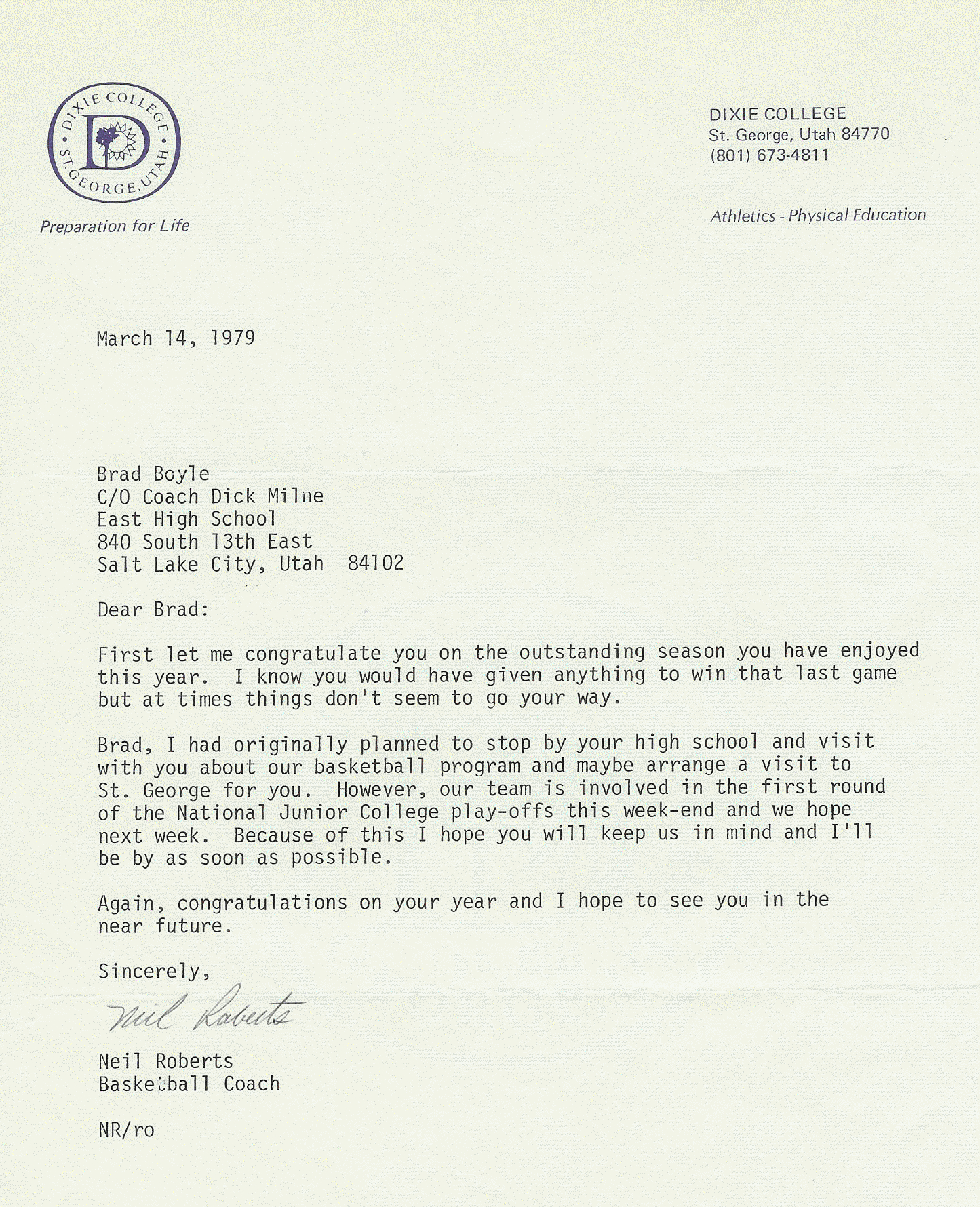 Dixie College Letter