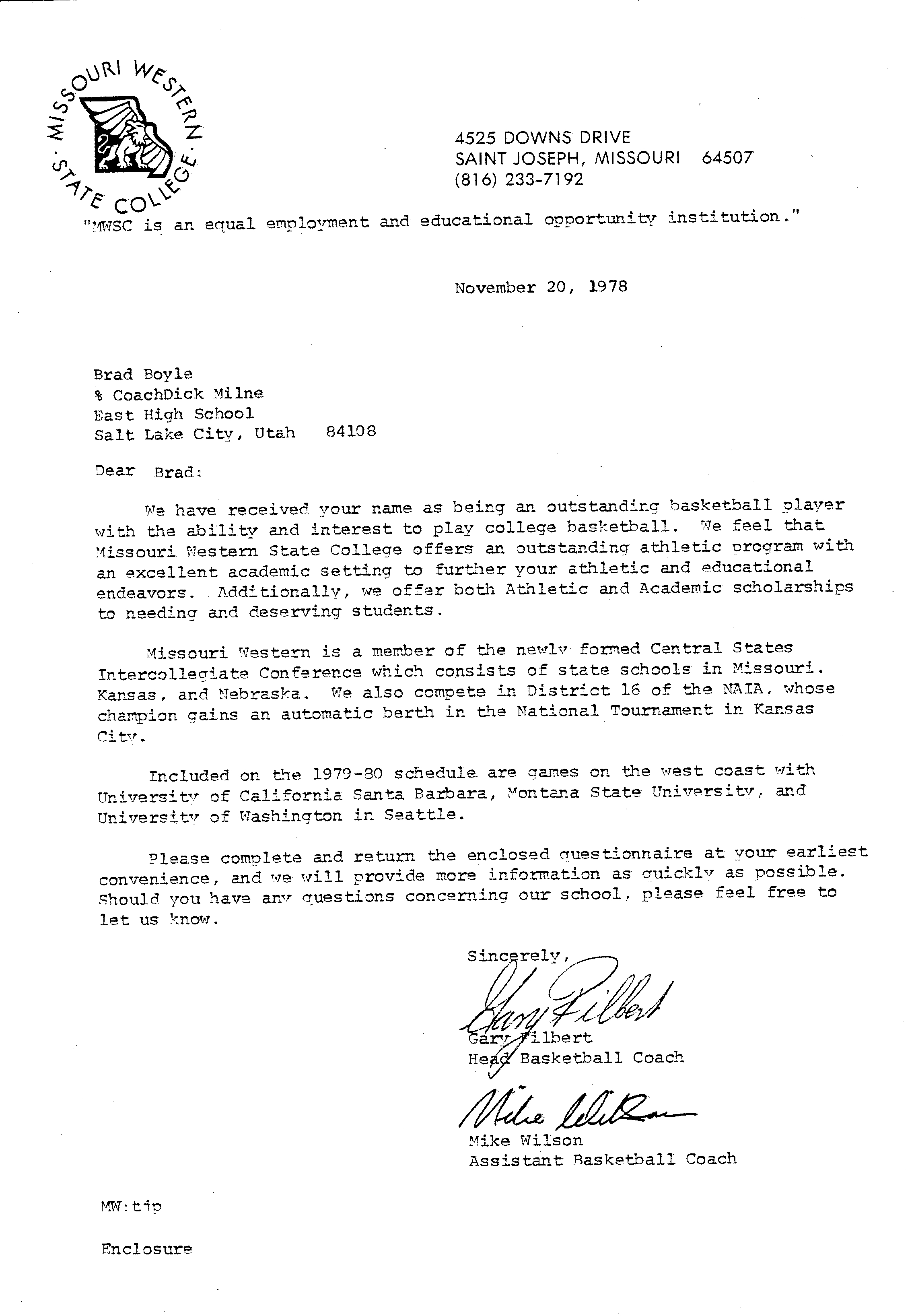 Missouri Western State College Letter